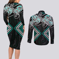 Turquoise Aotearoa Tukutuku Manawa Tapu Couples Matching Long Sleeve Bodycon Dress and Long Sleeve Button Shirt Ta Moko Toi Maori