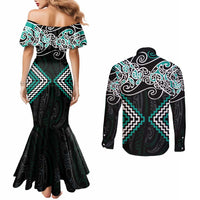 Turquoise Aotearoa Tukutuku Manawa Tapu Couples Matching Mermaid Dress and Long Sleeve Button Shirt Ta Moko Toi Maori