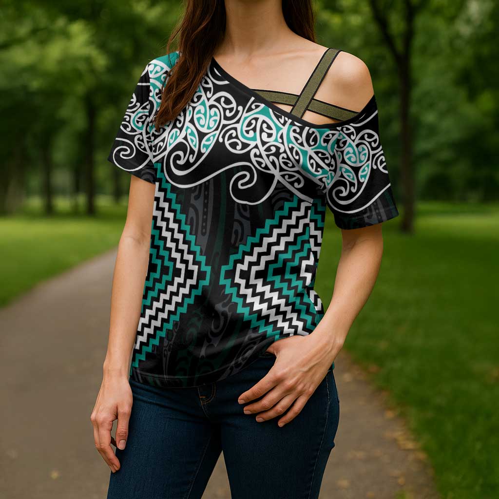 Turquoise Aotearoa Tukutuku Manawa Tapu Cross Shoulder Shirt Ta Moko Toi Maori - Polynesian Pride