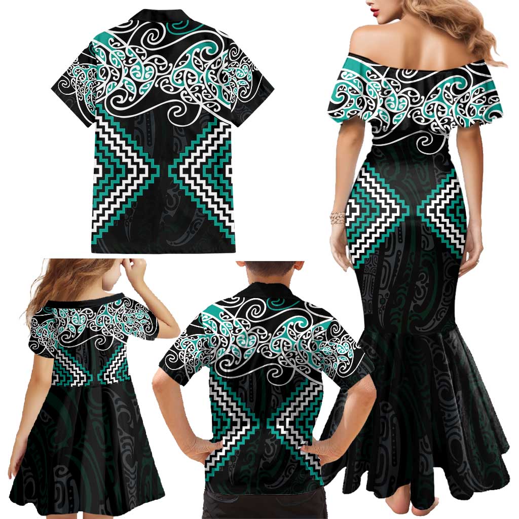 Turquoise Aotearoa Tukutuku Manawa Tapu Family Matching Mermaid Dress and Hawaiian Shirt Ta Moko Toi Maori