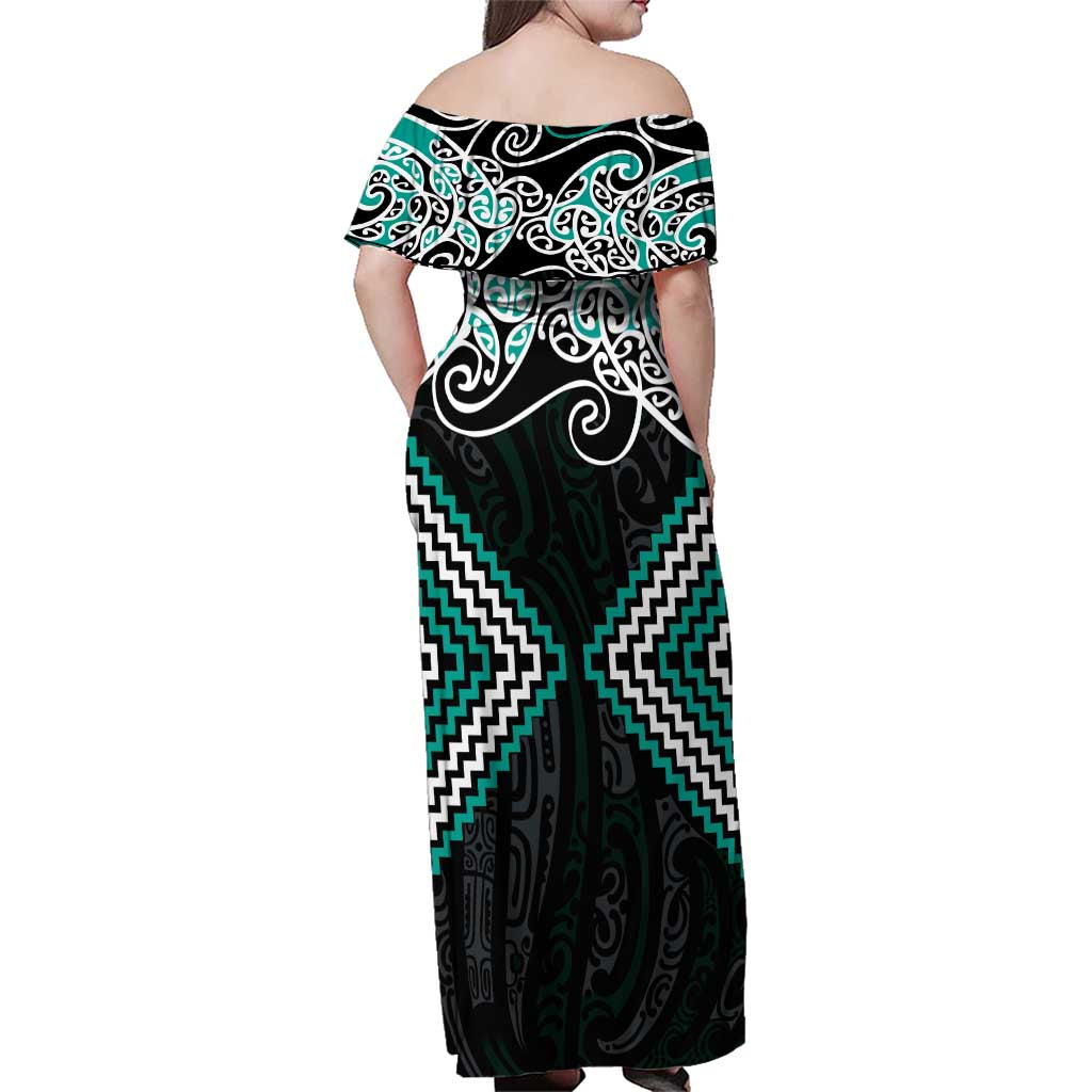 Turquoise Aotearoa Tukutuku Manawa Tapu Family Matching Off Shoulder Maxi Dress and Hawaiian Shirt Ta Moko Toi Maori