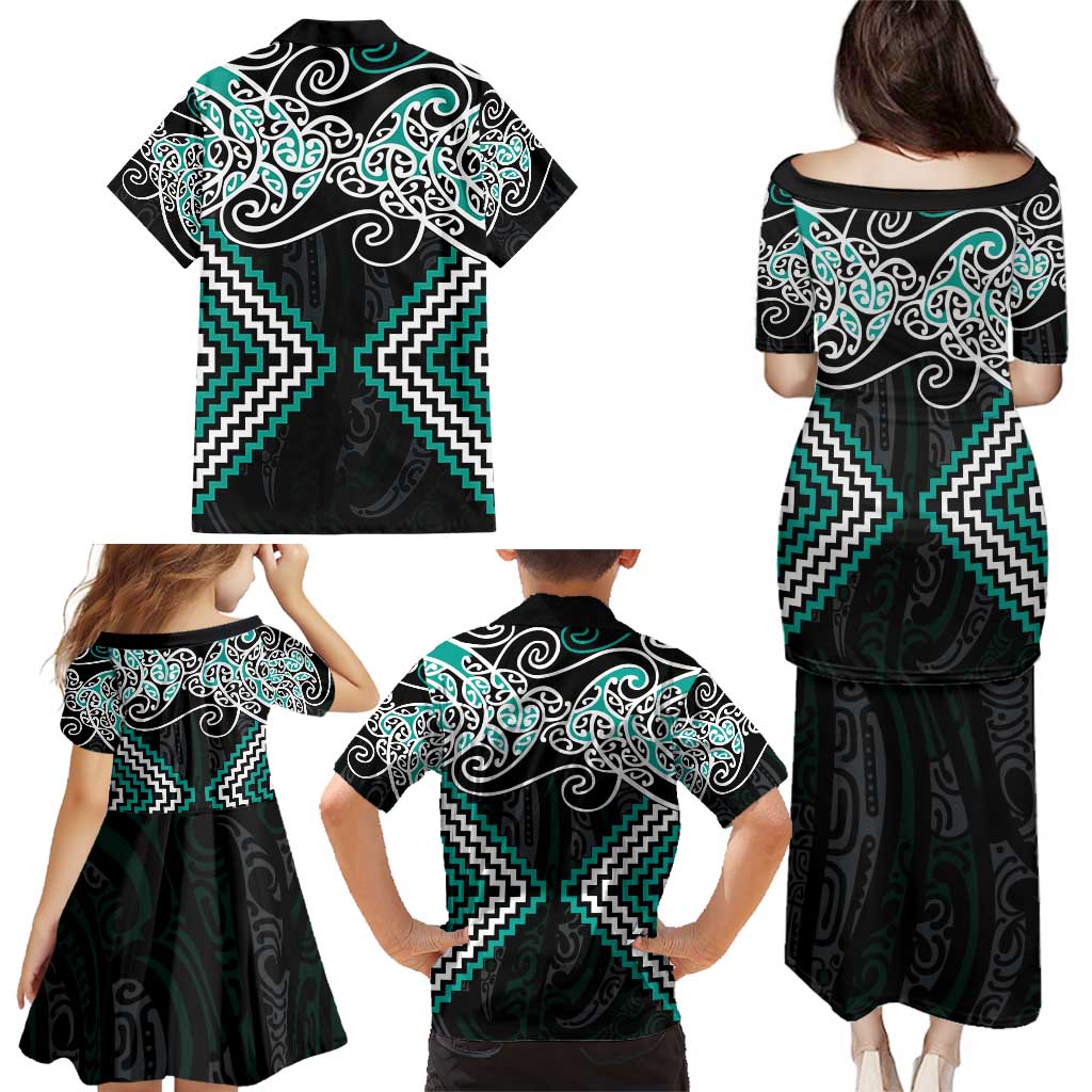Turquoise Aotearoa Tukutuku Manawa Tapu Family Matching Puletasi and Hawaiian Shirt Ta Moko Toi Maori