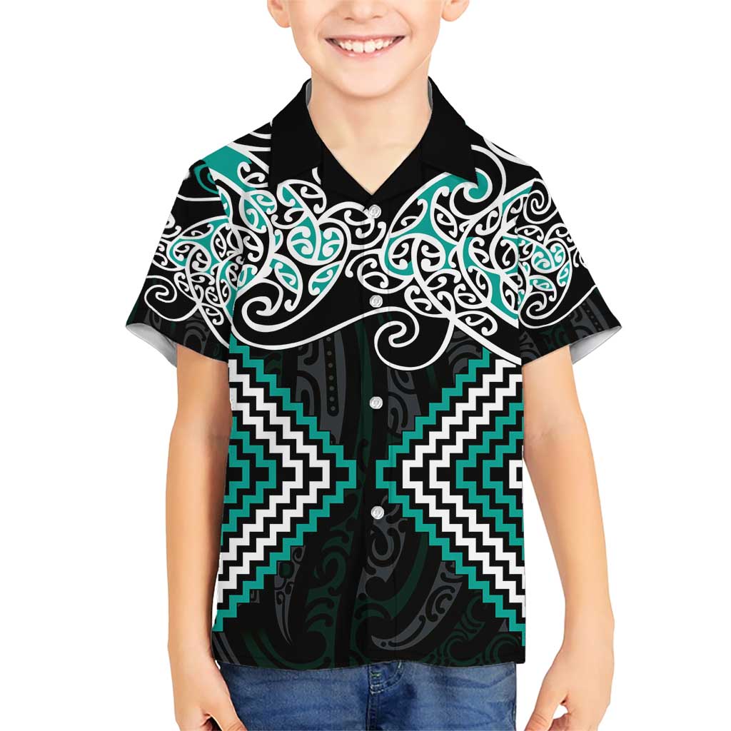 Turquoise Aotearoa Tukutuku Manawa Tapu Family Matching Short Sleeve Bodycon Dress and Hawaiian Shirt Ta Moko Toi Maori