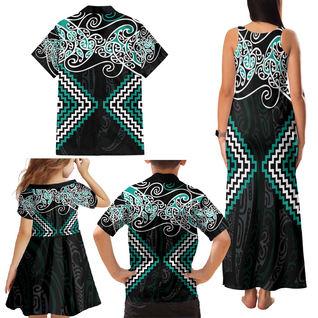 Turquoise Aotearoa Tukutuku Manawa Tapu Family Matching Tank Maxi Dress and Hawaiian Shirt Ta Moko Toi Maori