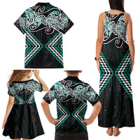 Turquoise Aotearoa Tukutuku Manawa Tapu Family Matching Tank Maxi Dress and Hawaiian Shirt Ta Moko Toi Maori