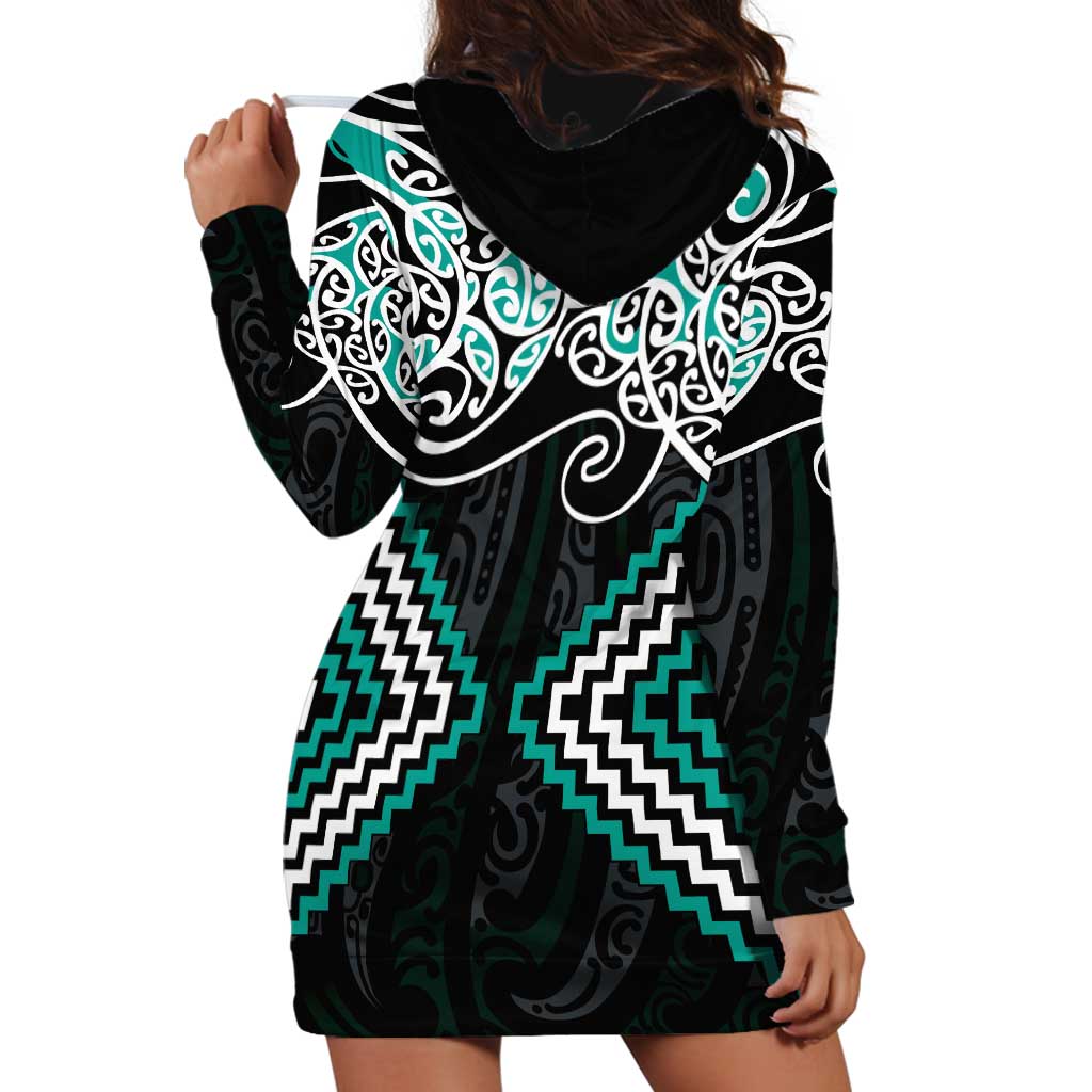 Turquoise Aotearoa Tukutuku Manawa Tapu Hoodie Dress Ta Moko Toi Maori