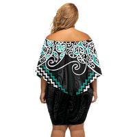 Turquoise Aotearoa Tukutuku Manawa Tapu Off Shoulder Short Dress Ta Moko Toi Maori