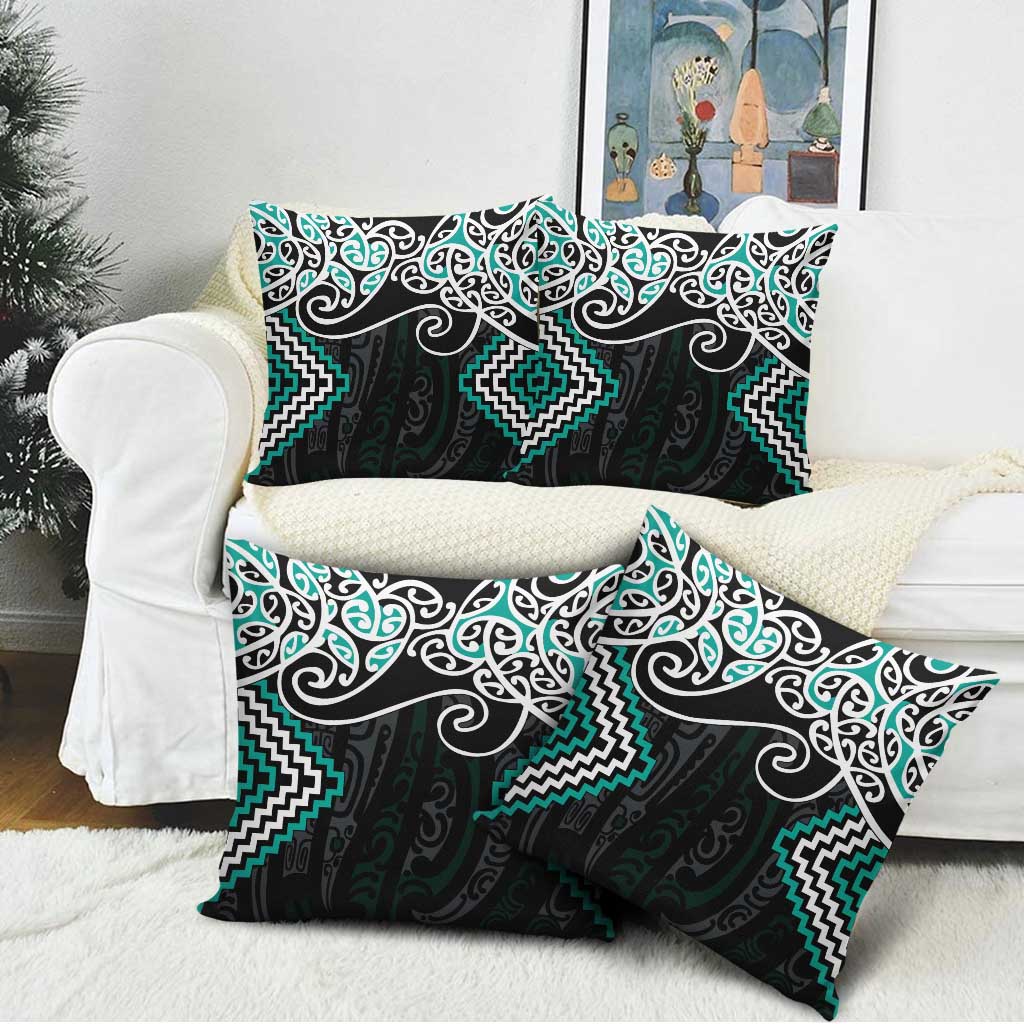 Turquoise Aotearoa Tukutuku Manawa Tapu Pillow Cover Ta Moko Toi Maori - Polynesian Pride