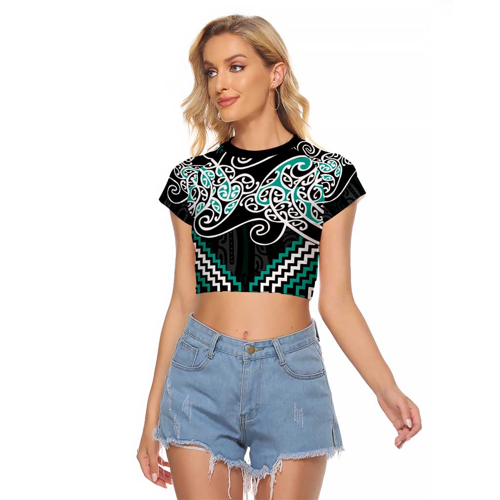 Turquoise Aotearoa Tukutuku Manawa Tapu Raglan Cropped T Shirt Ta Moko Toi Maori LT9 Female Turquoise - Polynesian Pride