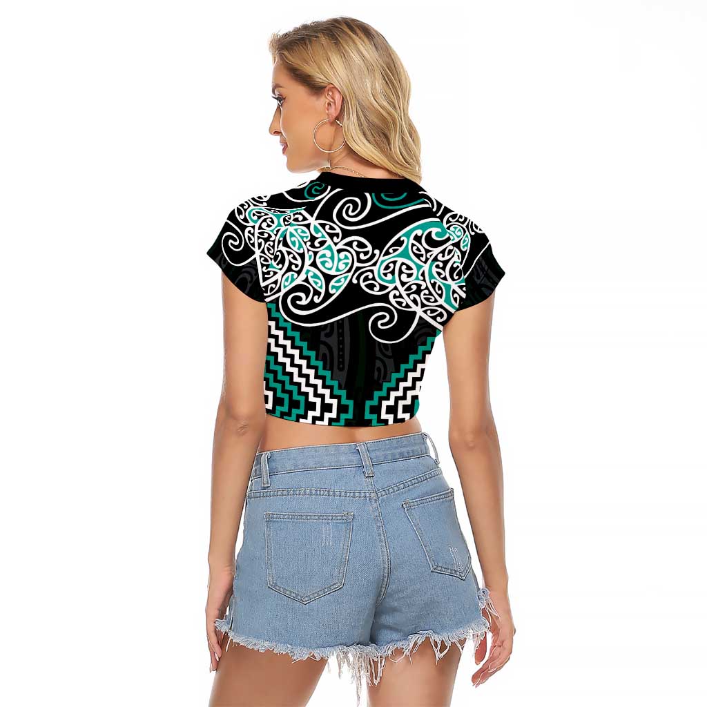 Turquoise Aotearoa Tukutuku Manawa Tapu Raglan Cropped T Shirt Ta Moko Toi Maori LT9 - Polynesian Pride