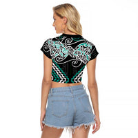 Turquoise Aotearoa Tukutuku Manawa Tapu Raglan Cropped T Shirt Ta Moko Toi Maori LT9 - Polynesian Pride