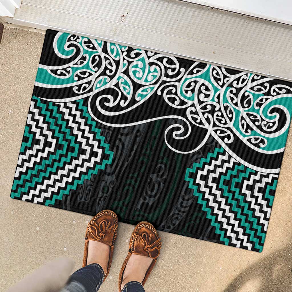 Turquoise Aotearoa Tukutuku Manawa Tapu Rubber Doormat Ta Moko Toi Maori