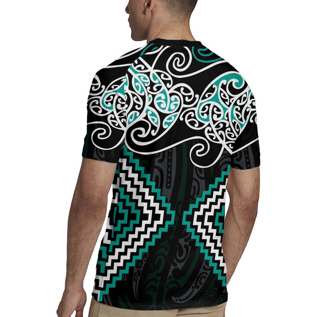 Turquoise Aotearoa Tukutuku Manawa Tapu Rugby Jersey Ta Moko Toi Maori