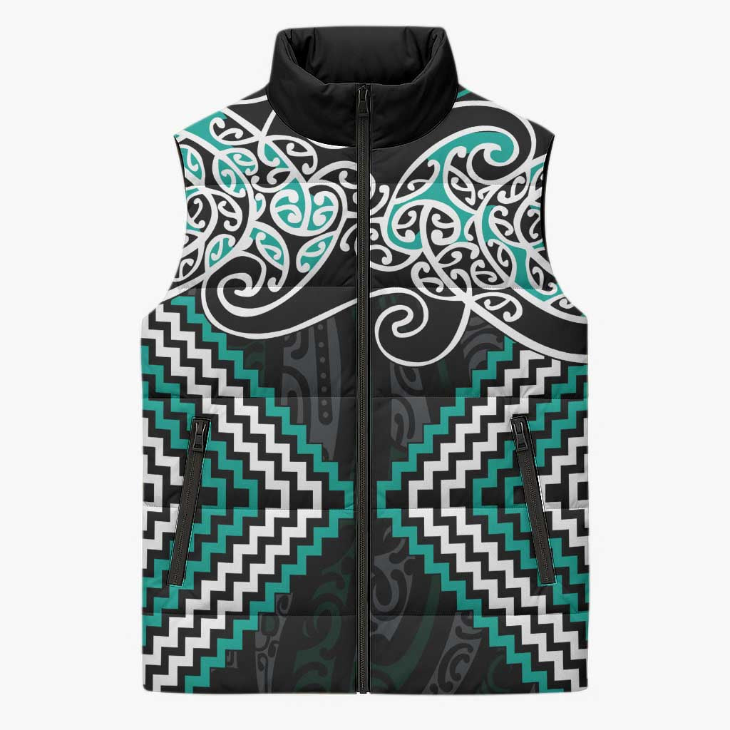 Turquoise Aotearoa Tukutuku Manawa Tapu Sleeveless Puffer Jacket Ta Moko Toi Maori - Polynesian Pride