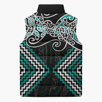 Turquoise Aotearoa Tukutuku Manawa Tapu Sleeveless Puffer Jacket Ta Moko Toi Maori - Polynesian Pride