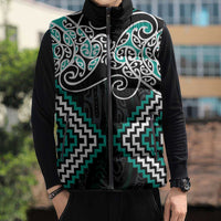 Turquoise Aotearoa Tukutuku Manawa Tapu Sleeveless Puffer Jacket Ta Moko Toi Maori - Polynesian Pride