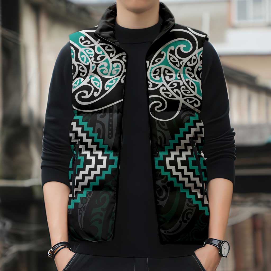 Turquoise Aotearoa Tukutuku Manawa Tapu Sleeveless Puffer Jacket Ta Moko Toi Maori - Polynesian Pride