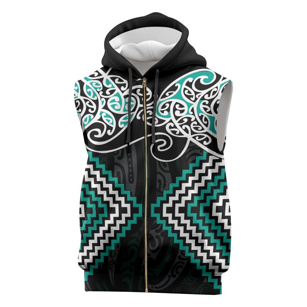 Turquoise Aotearoa Tukutuku Manawa Tapu Sleeveless Zip Hoodie Ta Moko Toi Maori - Polynesian Pride