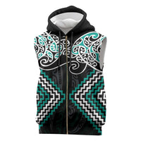 Turquoise Aotearoa Tukutuku Manawa Tapu Sleeveless Zip Hoodie Ta Moko Toi Maori - Polynesian Pride