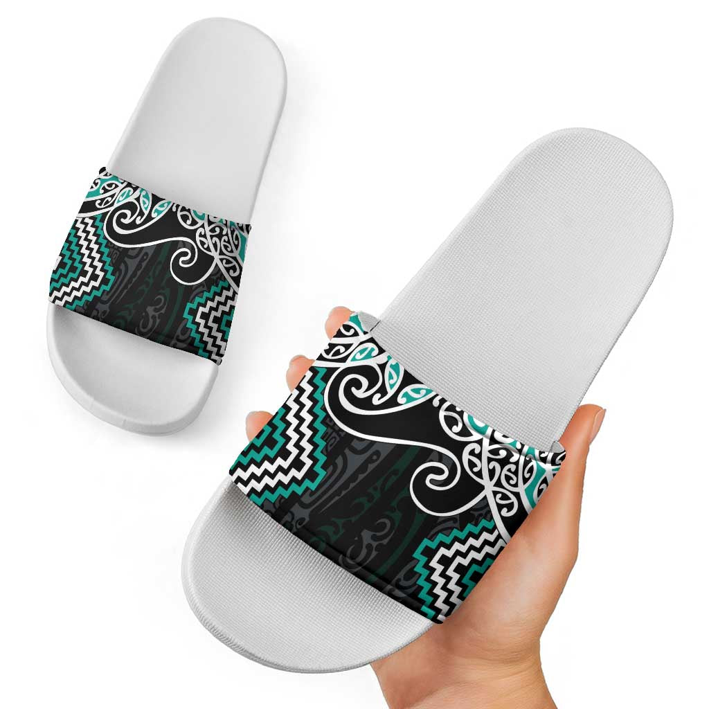 Turquoise Aotearoa Tukutuku Manawa Tapu Slide Sandals Ta Moko Toi Maori - Polynesian Pride
