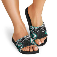 Turquoise Aotearoa Tukutuku Manawa Tapu Slide Sandals Ta Moko Toi Maori - Polynesian Pride