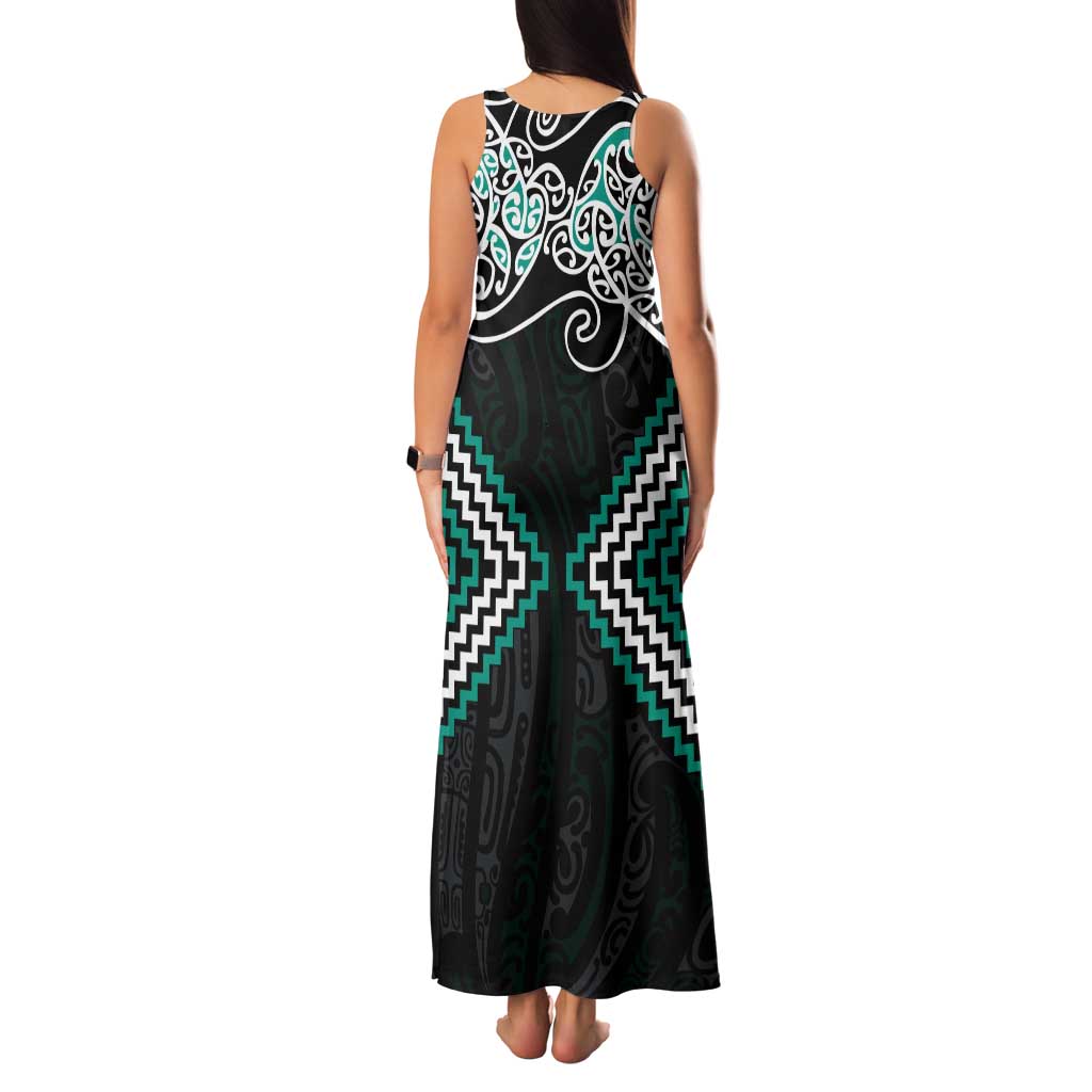 Turquoise Aotearoa Tukutuku Manawa Tapu Tank Maxi Dress Ta Moko Toi Maori