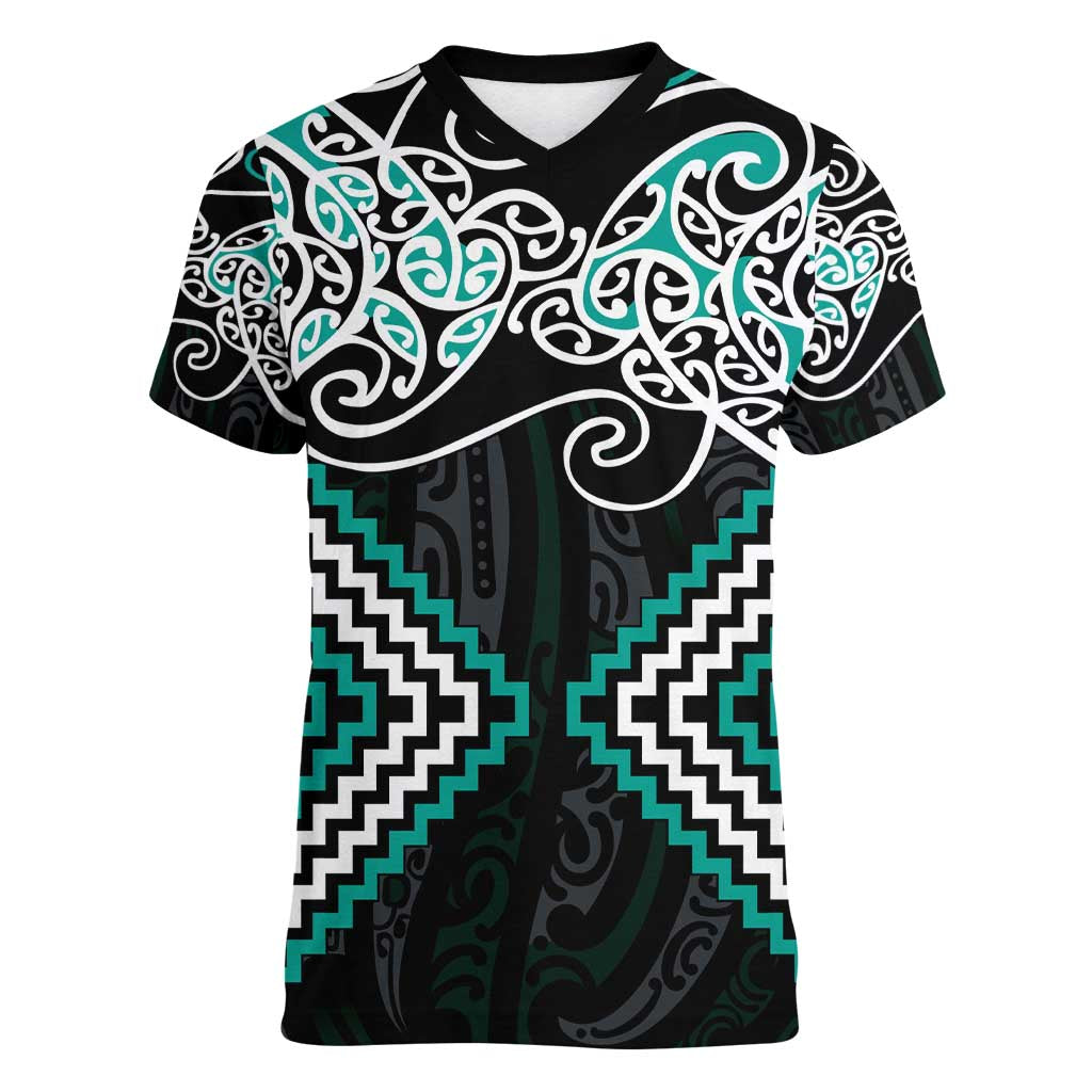 Turquoise Aotearoa Tukutuku Manawa Tapu Women V-Neck T-Shirt Ta Moko Toi Maori LT9 Female Turquoise - Polynesian Pride