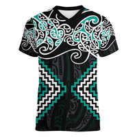 Turquoise Aotearoa Tukutuku Manawa Tapu Women V-Neck T-Shirt Ta Moko Toi Maori LT9 Female Turquoise - Polynesian Pride