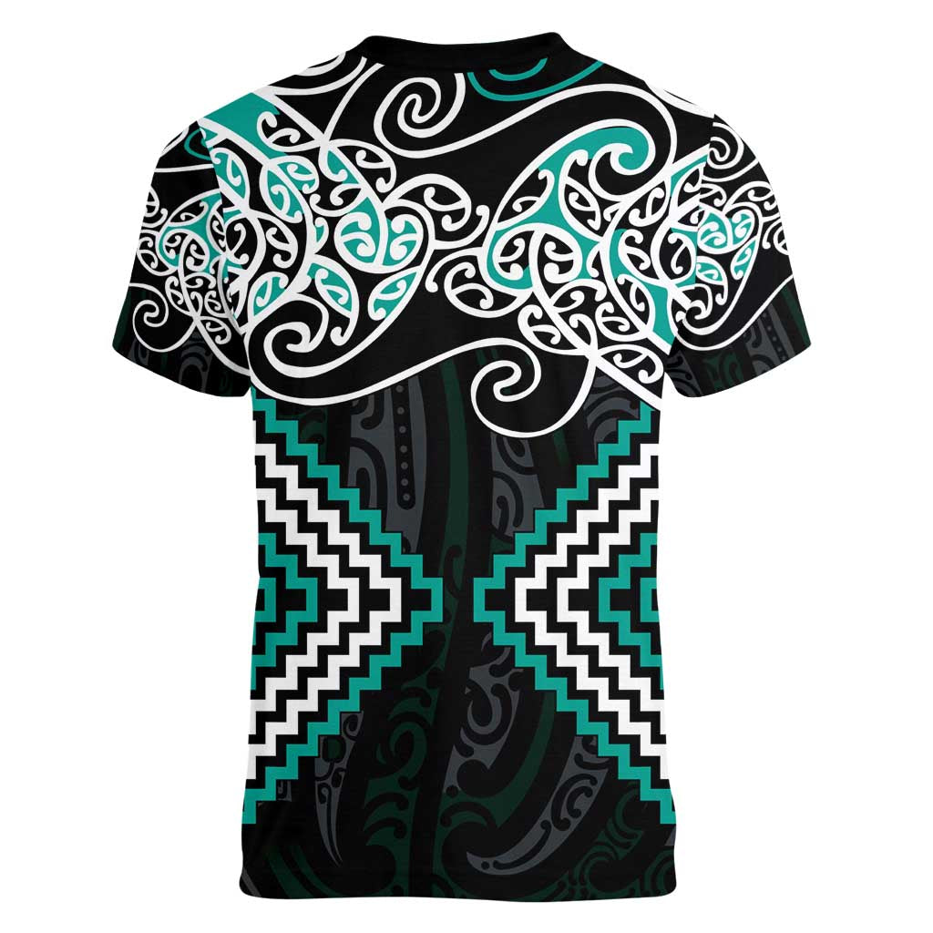 Turquoise Aotearoa Tukutuku Manawa Tapu Women V-Neck T-Shirt Ta Moko Toi Maori LT9 - Polynesian Pride
