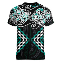 Turquoise Aotearoa Tukutuku Manawa Tapu Women V-Neck T-Shirt Ta Moko Toi Maori LT9 - Polynesian Pride