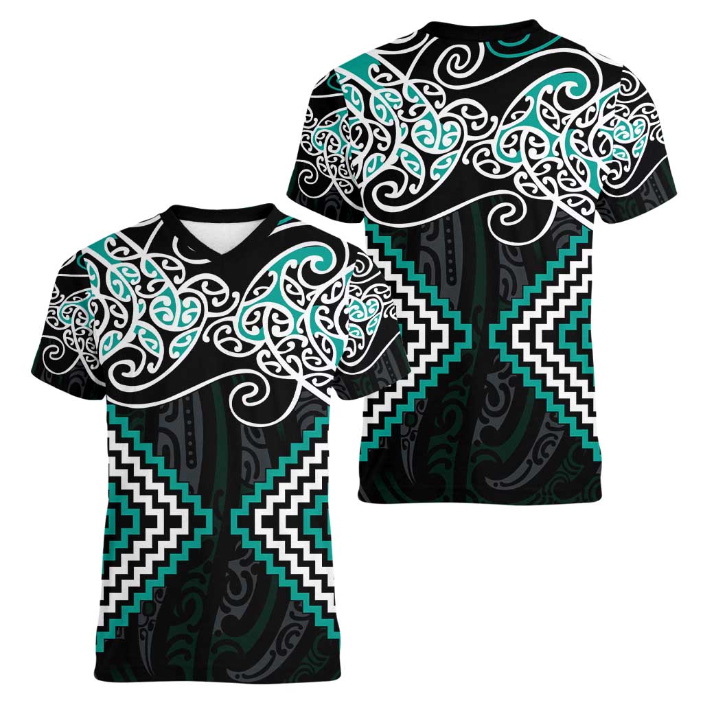 Turquoise Aotearoa Tukutuku Manawa Tapu Women V-Neck T-Shirt Ta Moko Toi Maori LT9 - Polynesian Pride