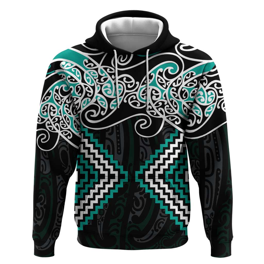 Turquoise Aotearoa Tukutuku Manawa Tapu Zip Hoodie Ta Moko Toi Maori
