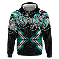 Turquoise Aotearoa Tukutuku Manawa Tapu Zip Hoodie Ta Moko Toi Maori