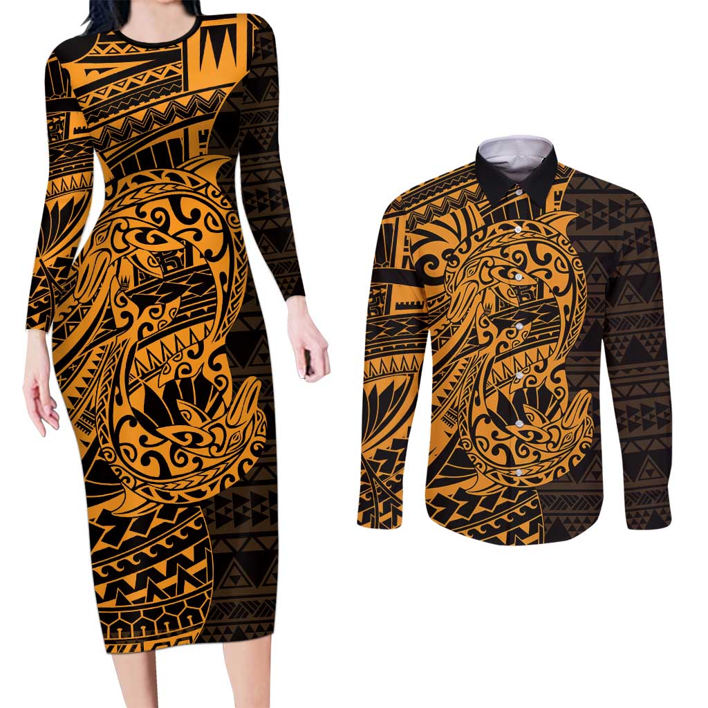 Gold Couple Dolphins Maori Polynesian Style Couples Matching Long Sleeve Bodycon Dress and Long Sleeve Button Shirt LT9 Gold - Polynesian Pride