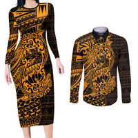 Gold Couple Dolphins Maori Polynesian Style Couples Matching Long Sleeve Bodycon Dress and Long Sleeve Button Shirt LT9 Gold - Polynesian Pride