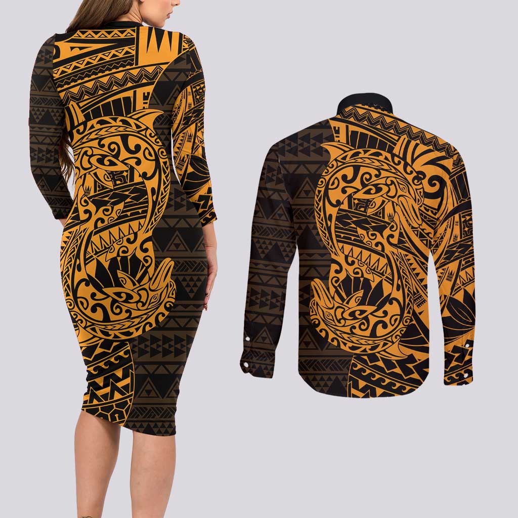 Gold Couple Dolphins Maori Polynesian Style Couples Matching Long Sleeve Bodycon Dress and Long Sleeve Button Shirt LT9 - Polynesian Pride