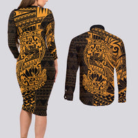 Gold Couple Dolphins Maori Polynesian Style Couples Matching Long Sleeve Bodycon Dress and Long Sleeve Button Shirt LT9 - Polynesian Pride