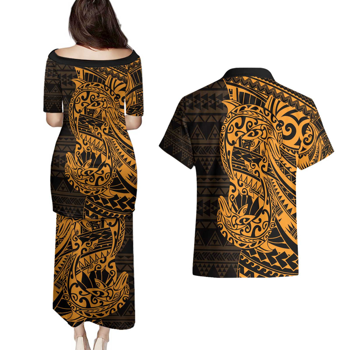 Gold Couple Dolphins Maori Polynesian Style Couples Matching Puletasi and Hawaiian Shirt
