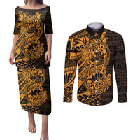 Gold Couple Dolphins Maori Polynesian Style Couples Matching Puletasi and Long Sleeve Button Shirt LT9 Gold - Polynesian Pride
