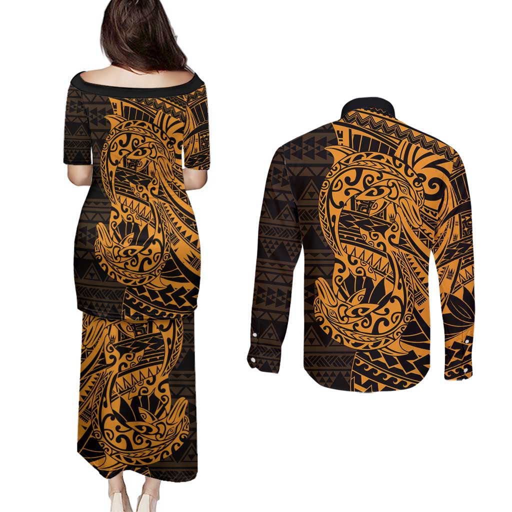 Gold Couple Dolphins Maori Polynesian Style Couples Matching Puletasi and Long Sleeve Button Shirt LT9 - Polynesian Pride