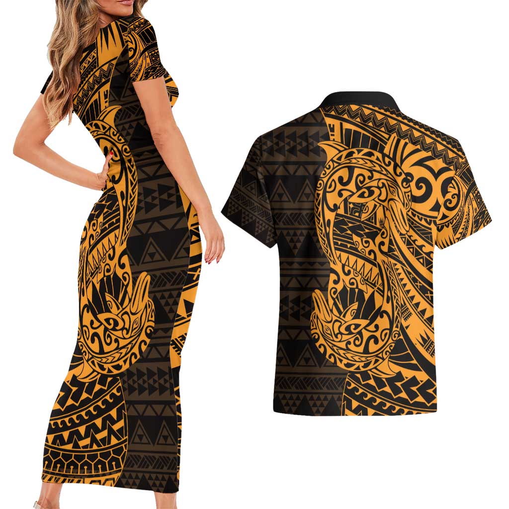 Gold Couple Dolphins Maori Polynesian Style Couples Matching Short Sleeve Bodycon Dress and Hawaiian Shirt