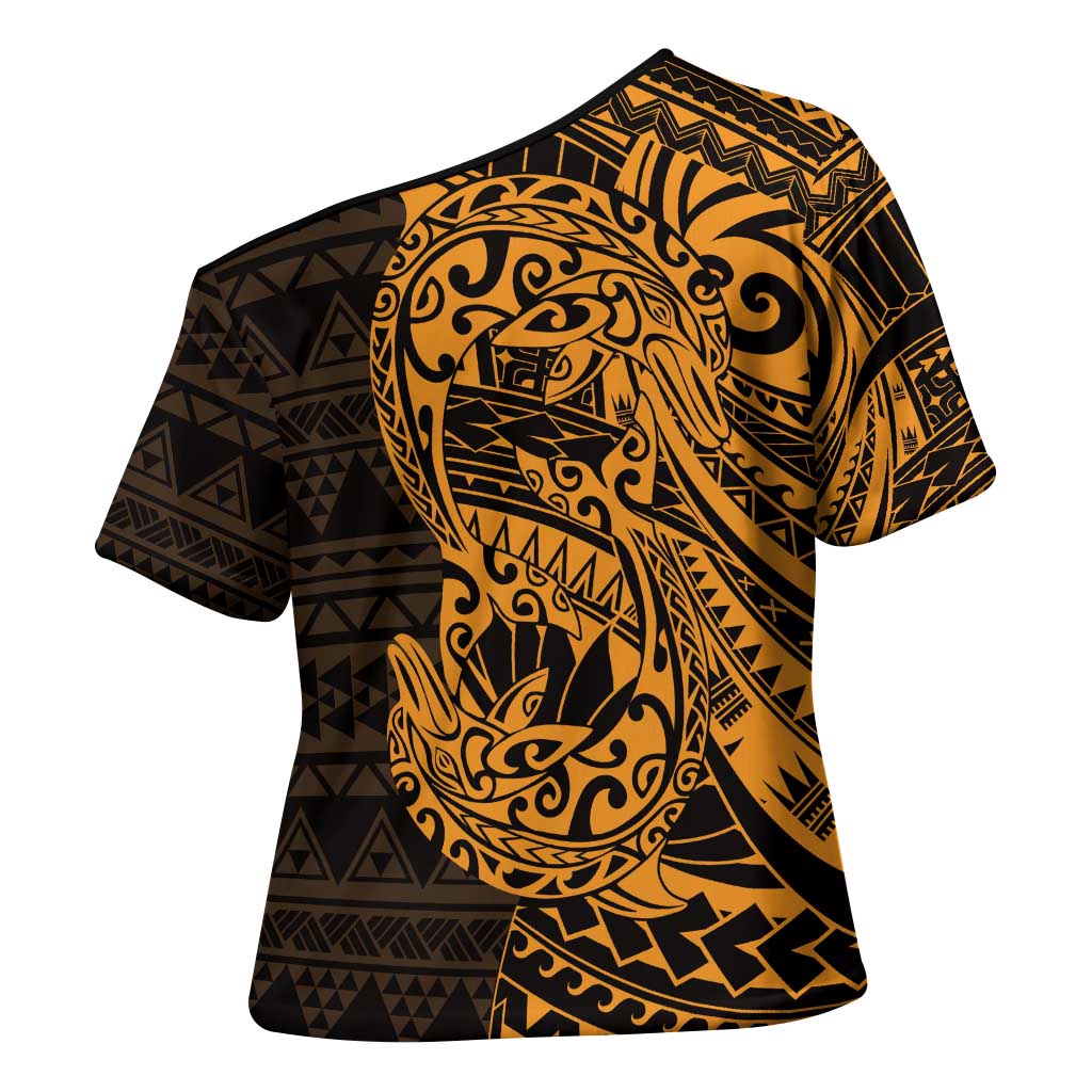 Gold Couple Dolphins Maori Polynesian Style Cross Shoulder Shirt - Polynesian Pride