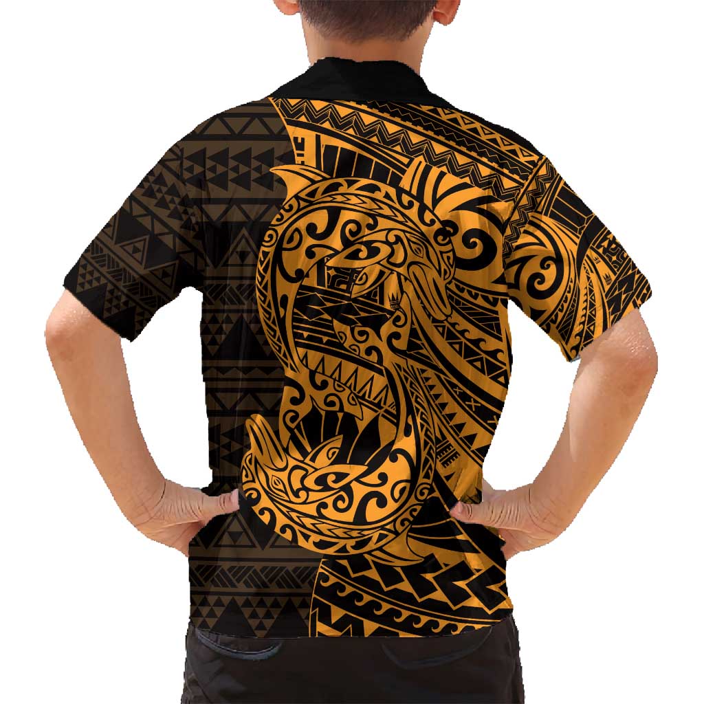 Gold Couple Dolphins Maori Polynesian Style Family Matching Puletasi and Hawaiian Shirt