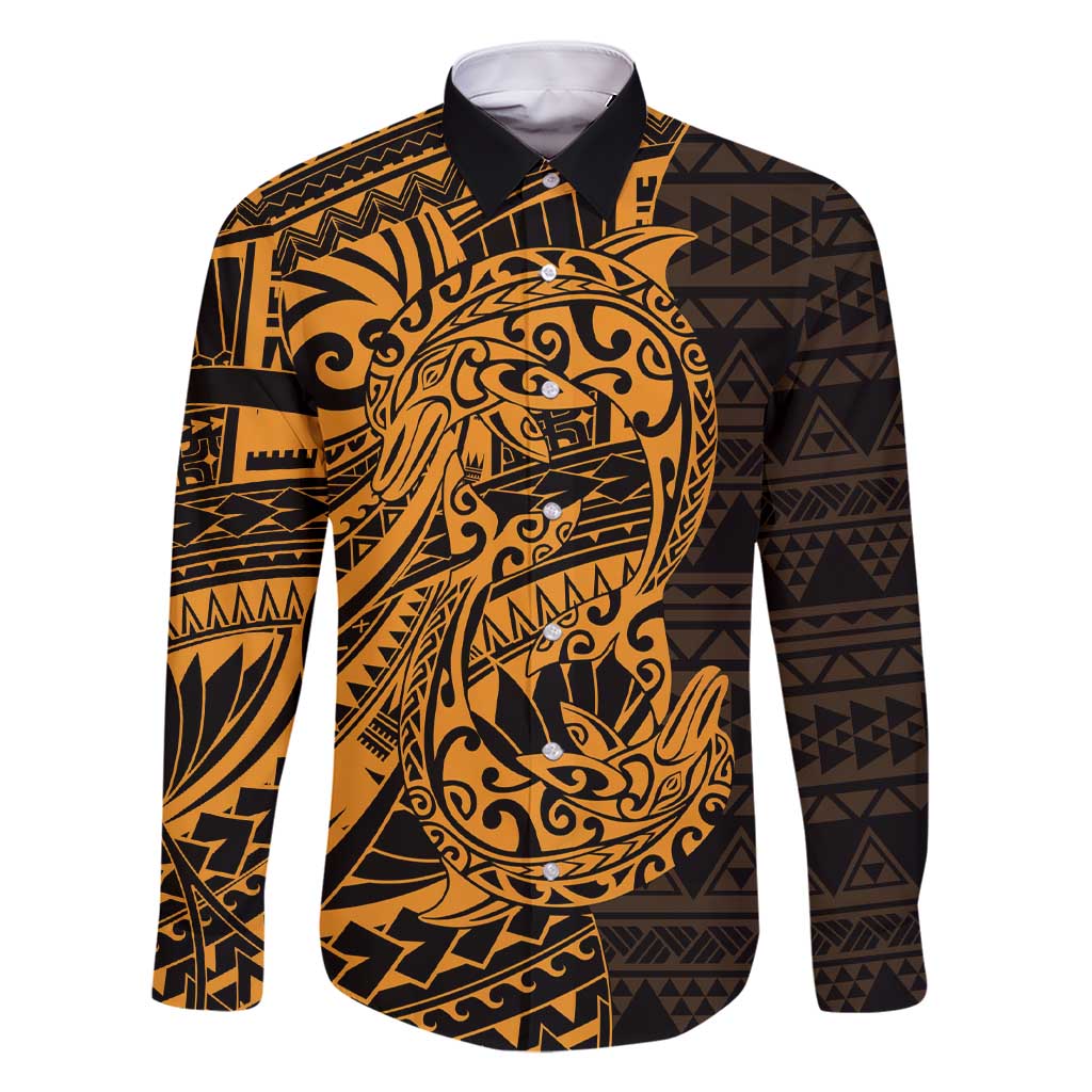 Gold Couple Dolphins Maori Polynesian Style Family Matching Short Sleeve Bodycon Dress and Hawaiian Shirt