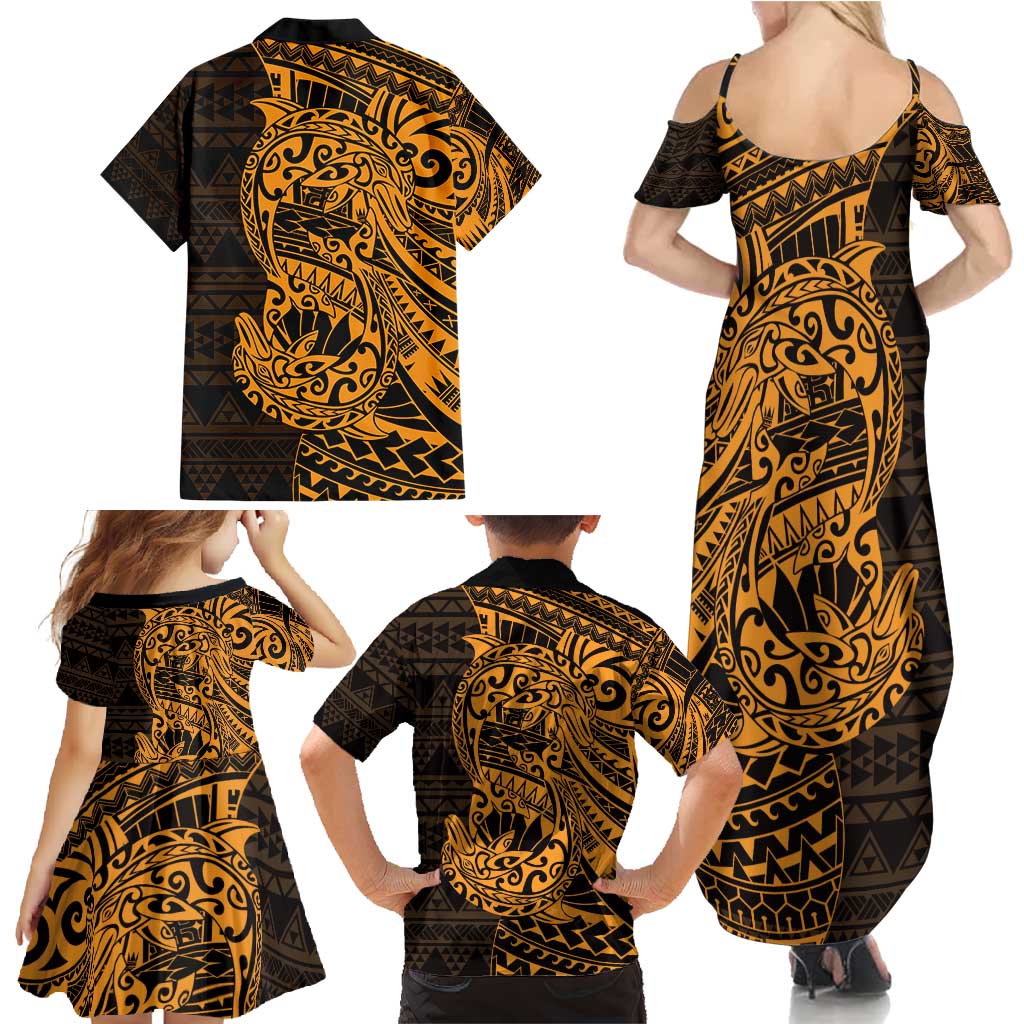 Gold Couple Dolphins Maori Polynesian Style Family Matching Summer Maxi Dress and Hawaiian Shirt