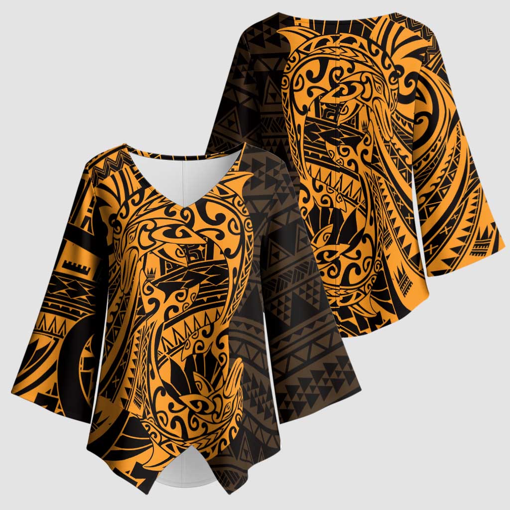 Gold Couple Dolphins Maori Polynesian Style Kimono Sleeve Blouse - Polynesian Pride