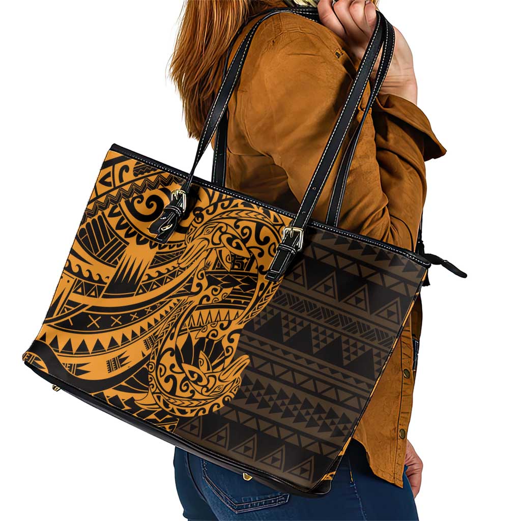 Gold Couple Dolphins Maori Polynesian Style Leather Tote Bag