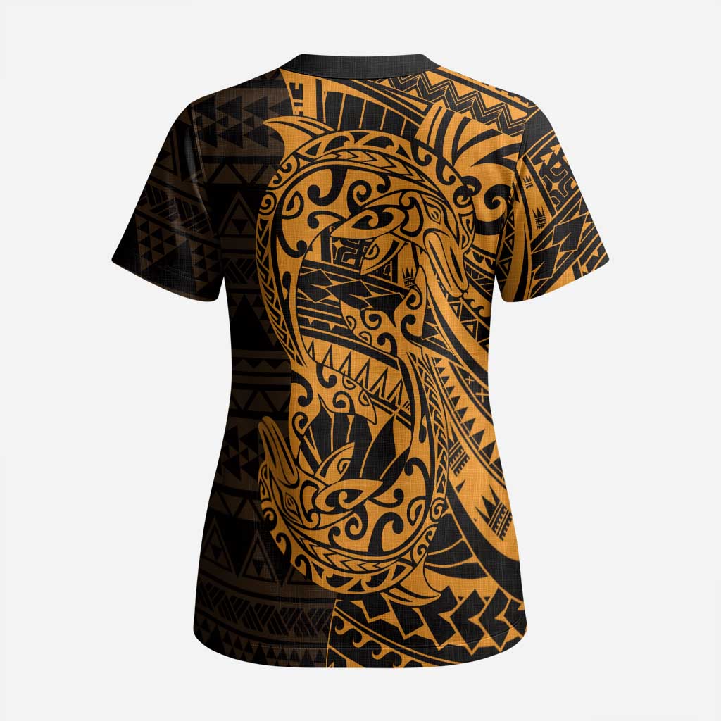 Gold Couple Dolphins Maori Polynesian Style Scrub Top - Polynesian Pride