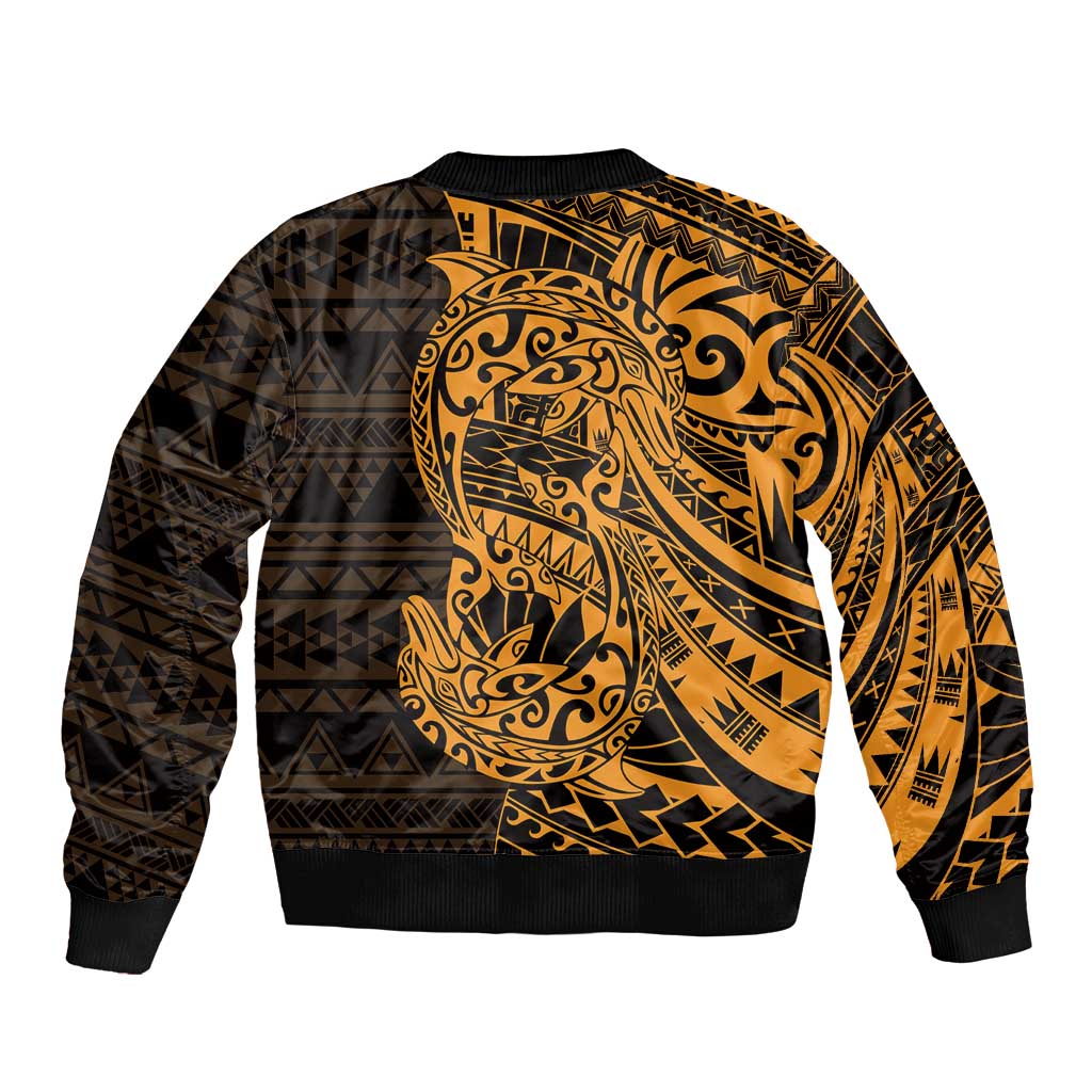 Gold Couple Dolphins Maori Polynesian Style Sleeve Zip Bomber Jacket