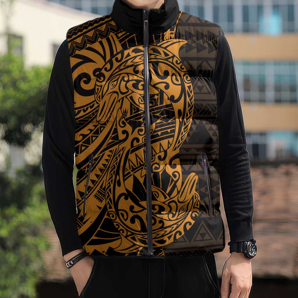 Gold Couple Dolphins Maori Polynesian Style Sleeveless Puffer Jacket - Polynesian Pride